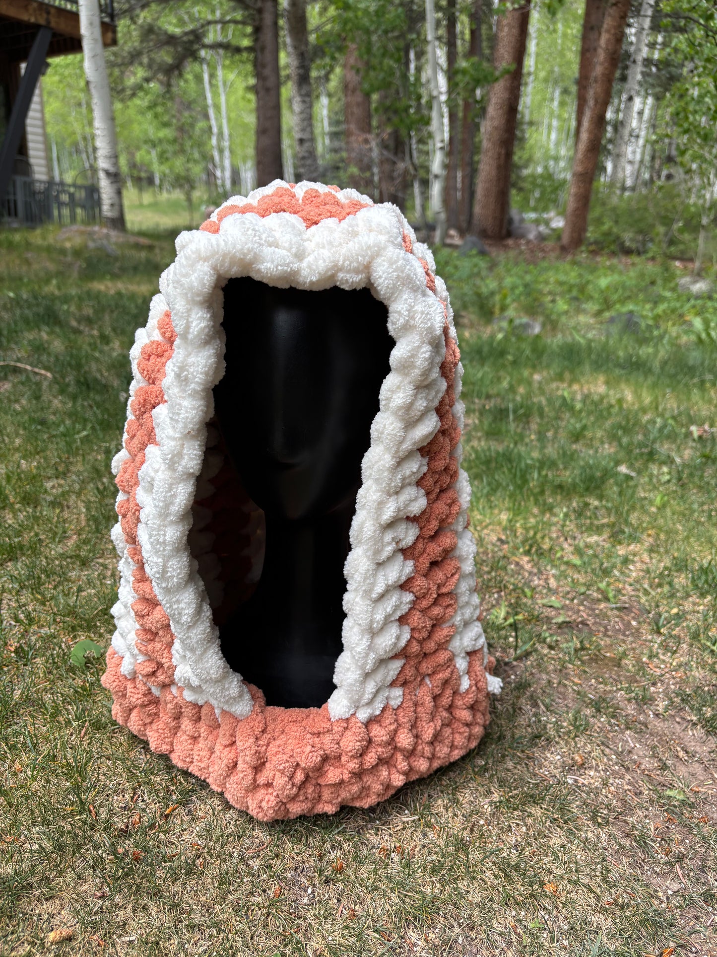 soft peach and white hood